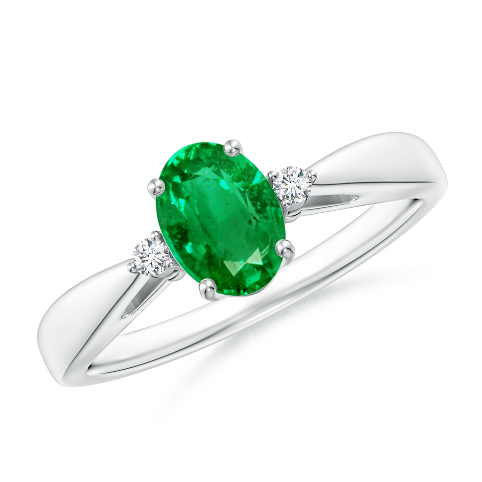 7x5mm AAA Tapered Shank Emerald Solitaire Ring with Diamond Accents in White Gold 