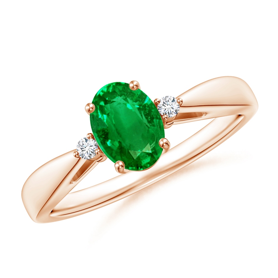 7x5mm AAAA Tapered Shank Emerald Solitaire Ring with Diamond Accents in Rose Gold 