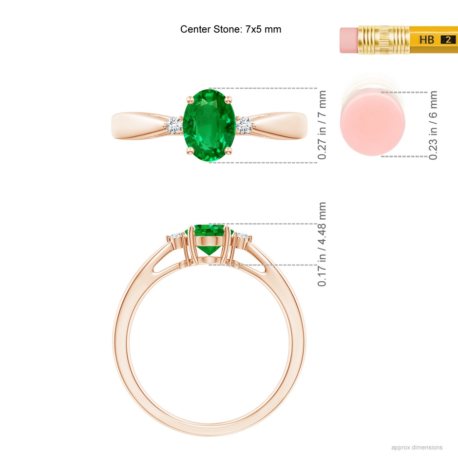 7x5mm AAAA Tapered Shank Emerald Solitaire Ring with Diamond Accents in Rose Gold ruler