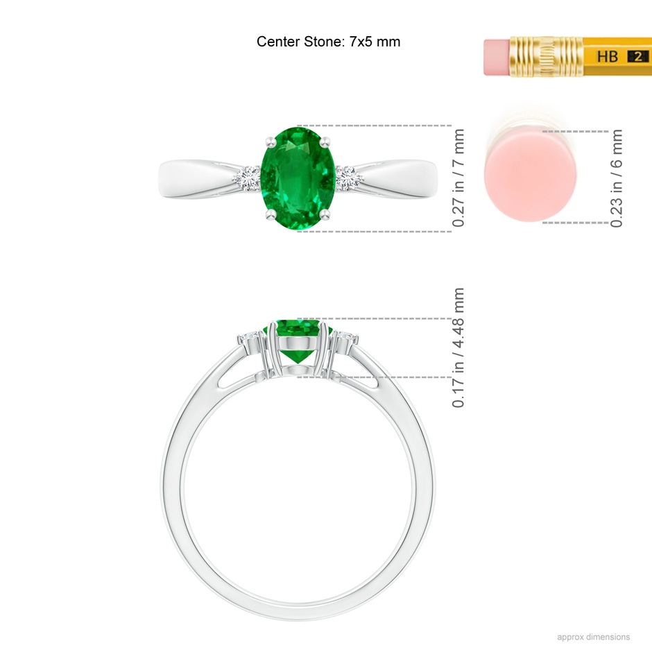 7x5mm Lab-Grown Tapered Shank Emerald Solitaire Ring with Diamond Accents in White Gold ruler