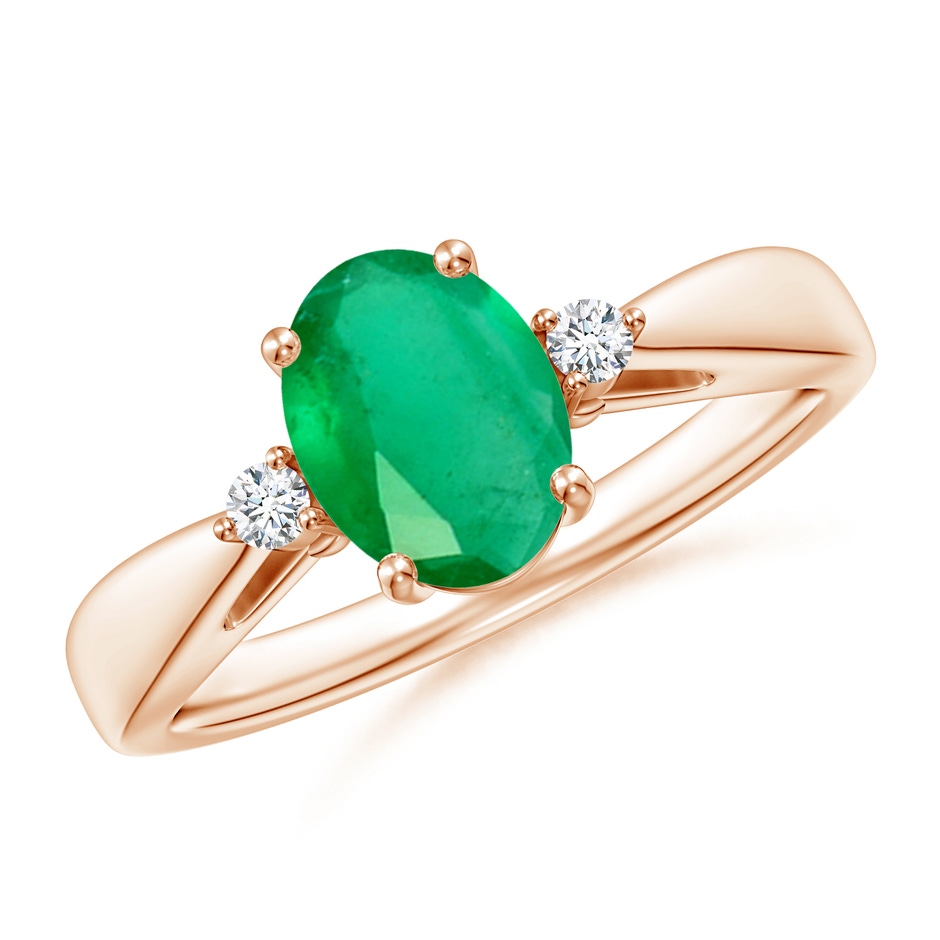 8x6mm A Tapered Shank Emerald Solitaire Ring with Diamond Accents in Rose Gold 