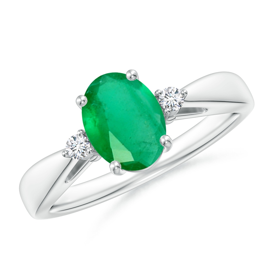 8x6mm A Tapered Shank Emerald Solitaire Ring with Diamond Accents in White Gold 