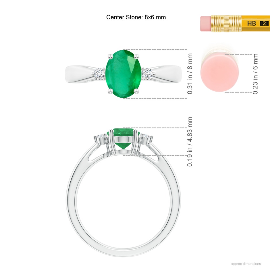 8x6mm A Tapered Shank Emerald Solitaire Ring with Diamond Accents in White Gold ruler