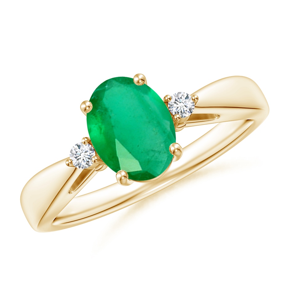 8x6mm A Tapered Shank Emerald Solitaire Ring with Diamond Accents in Yellow Gold 