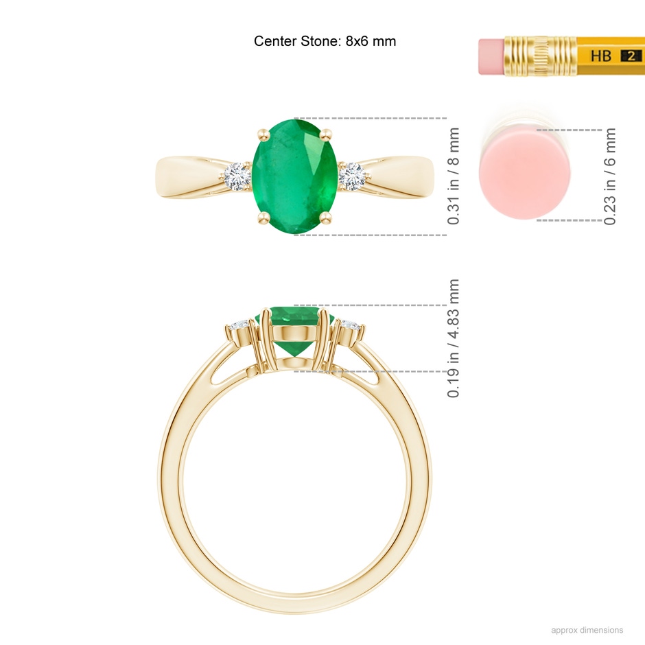8x6mm A Tapered Shank Emerald Solitaire Ring with Diamond Accents in Yellow Gold ruler