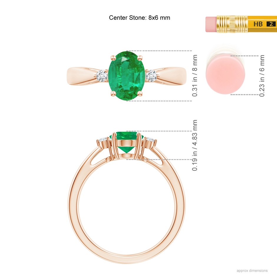 8x6mm AA Tapered Shank Emerald Solitaire Ring with Diamond Accents in Rose Gold ruler