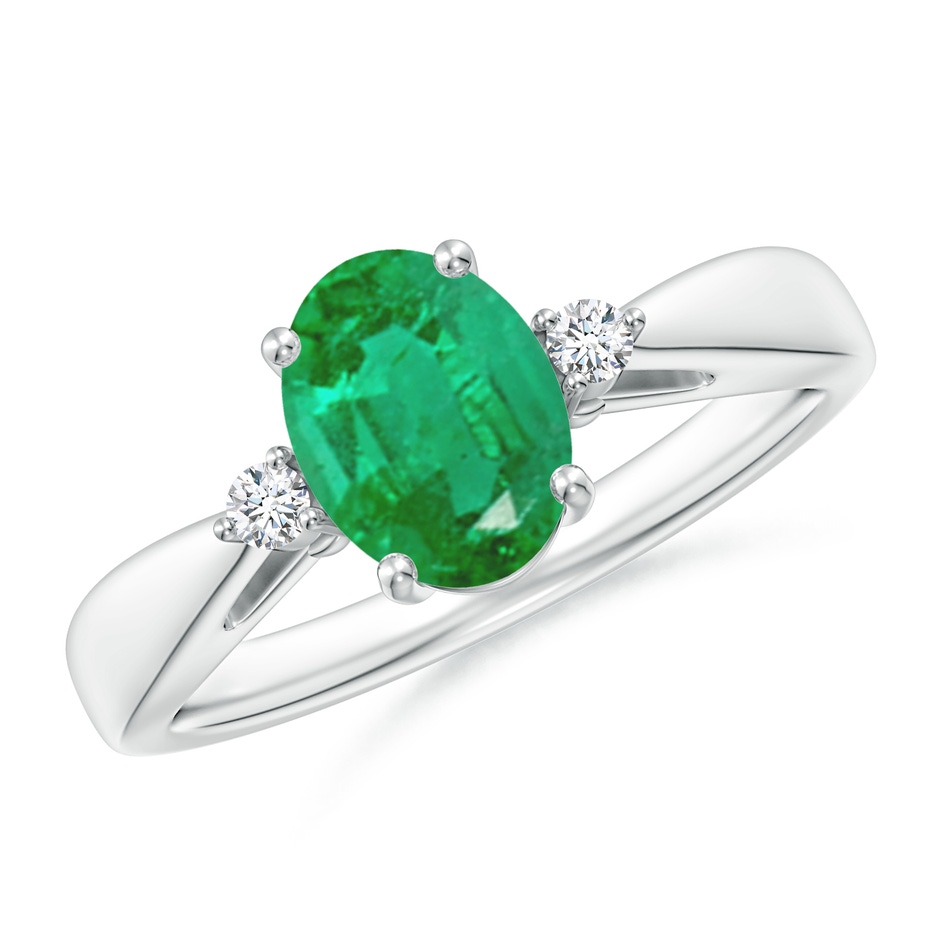 8x6mm AA Tapered Shank Emerald Solitaire Ring with Diamond Accents in White Gold 