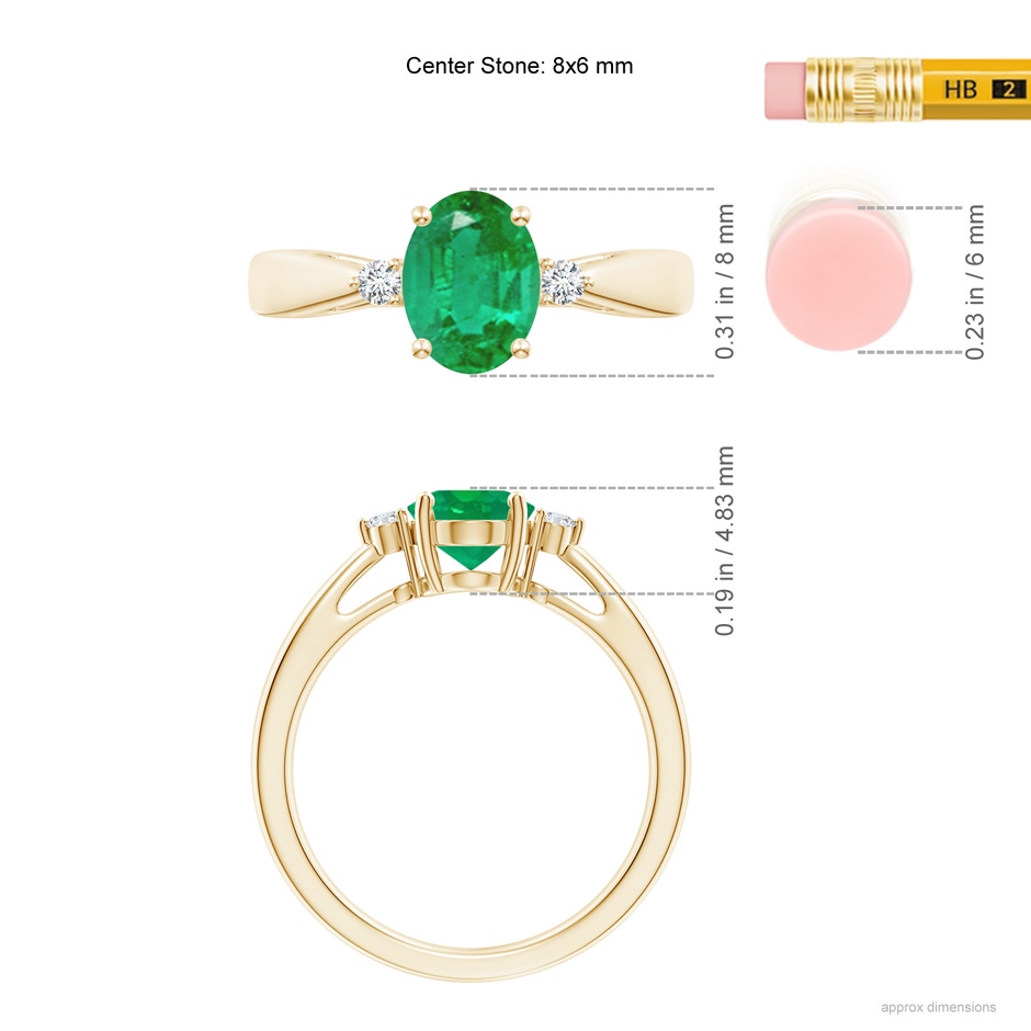 8x6mm AA Tapered Shank Emerald Solitaire Ring with Diamond Accents in Yellow Gold ruler