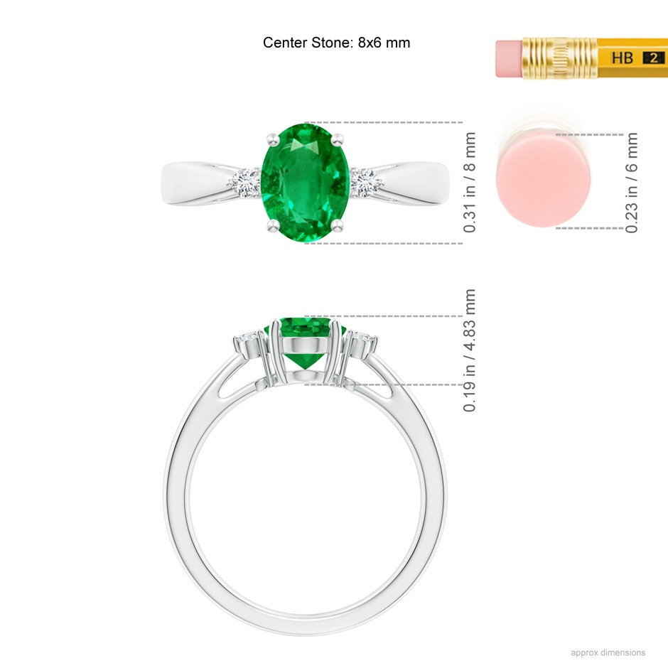 8x6mm AAA Tapered Shank Emerald Solitaire Ring with Diamond Accents in P950 Platinum ruler