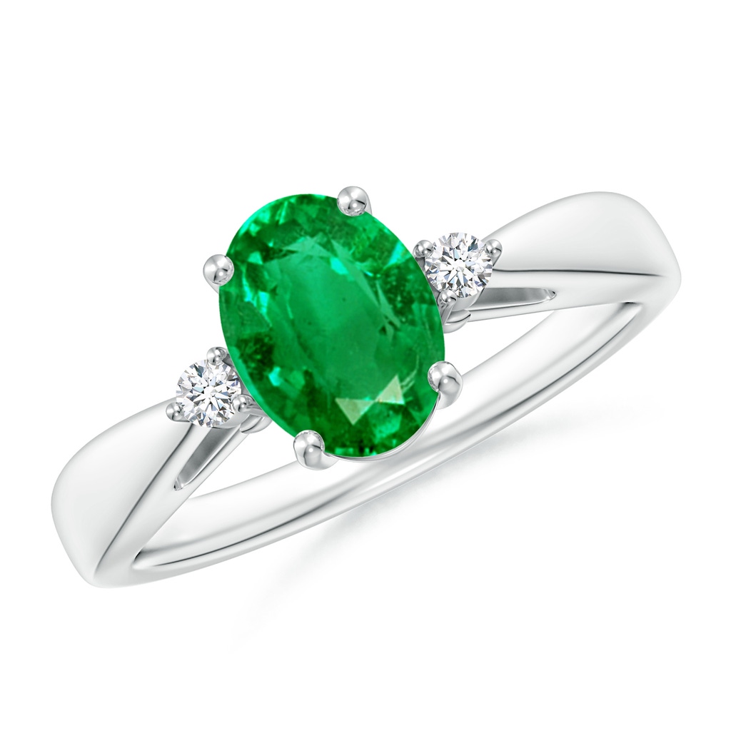 8x6mm AAA Tapered Shank Emerald Solitaire Ring with Diamond Accents in White Gold