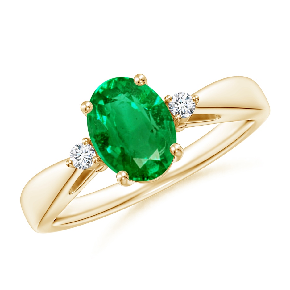 8x6mm AAA Tapered Shank Emerald Solitaire Ring with Diamond Accents in Yellow Gold 