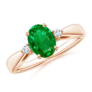 8x6mm AAAA Tapered Shank Emerald Solitaire Ring with Diamond Accents in Rose Gold