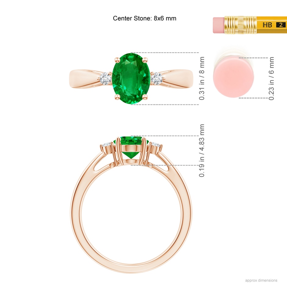 8x6mm AAAA Tapered Shank Emerald Solitaire Ring with Diamond Accents in Rose Gold ruler