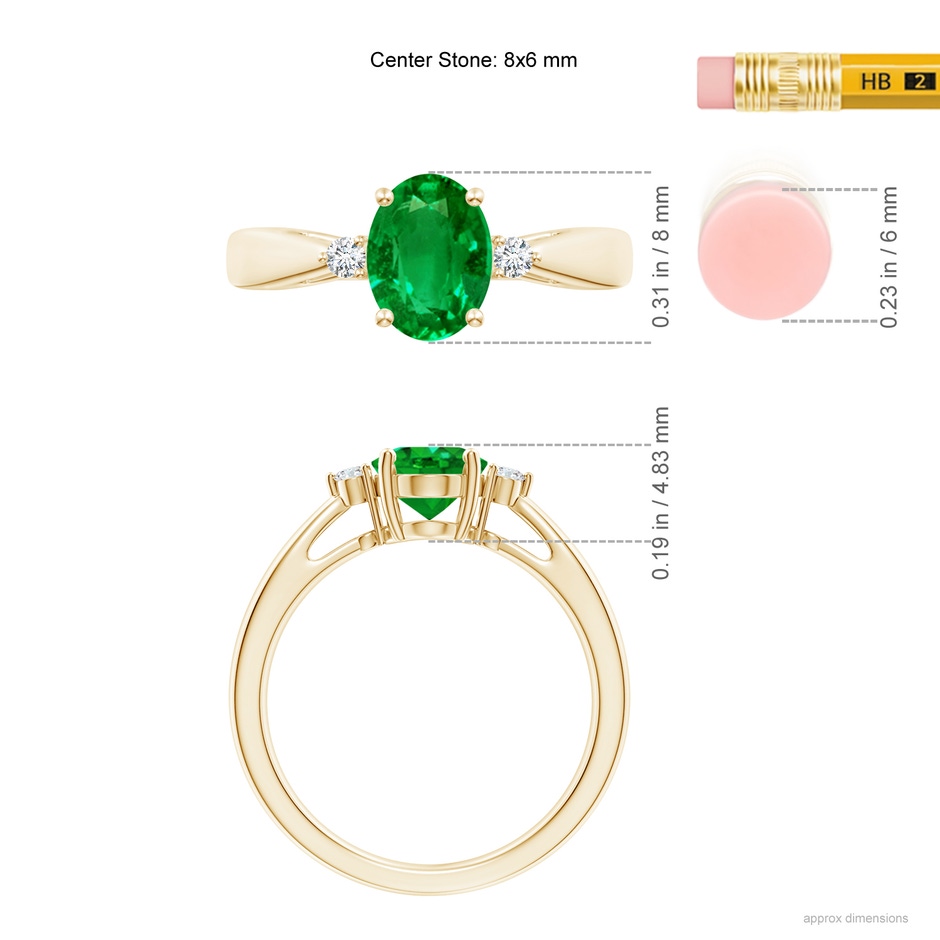 8x6mm Lab-Grown Tapered Shank Emerald Solitaire Ring with Diamond Accents in Yellow Gold ruler