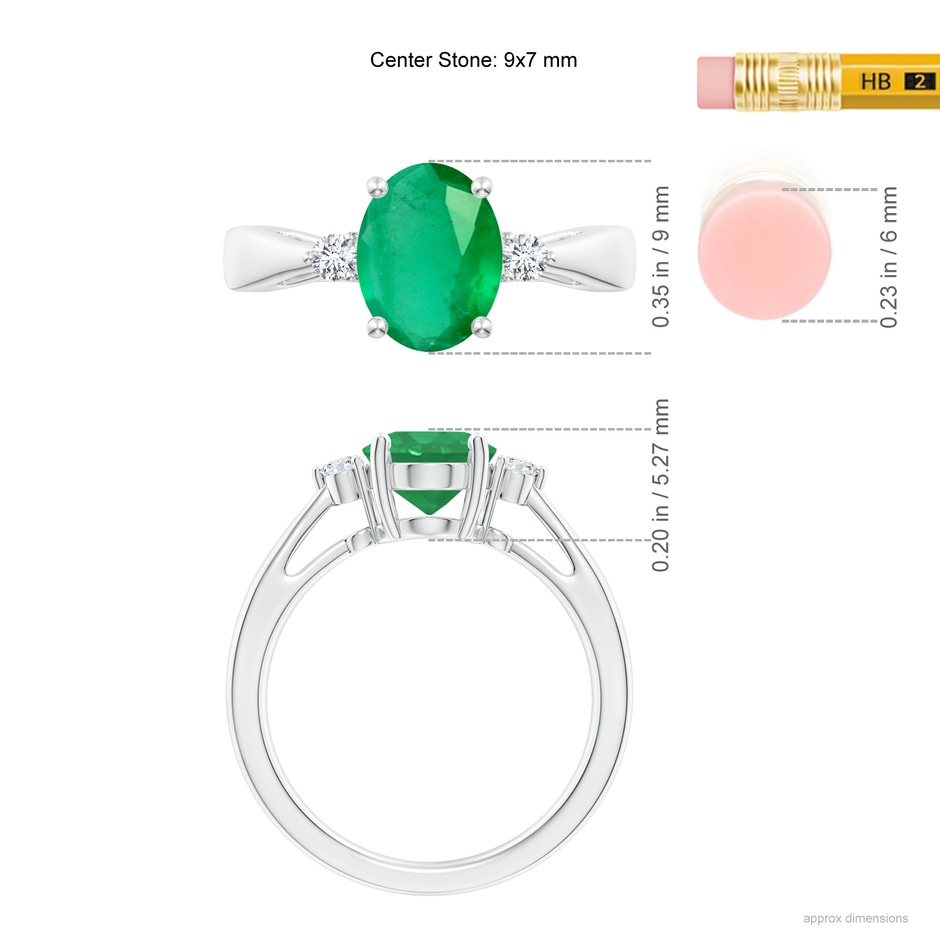 9x7mm A Tapered Shank Emerald Solitaire Ring with Diamond Accents in White Gold ruler