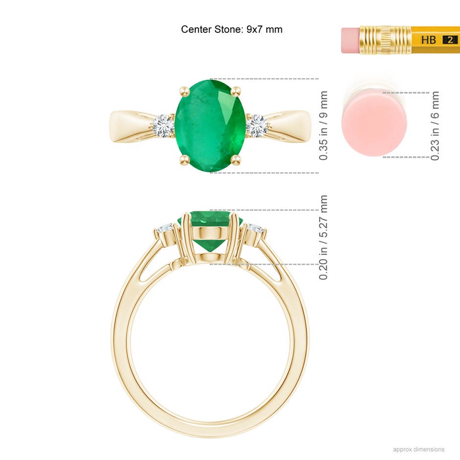 9x7mm A Tapered Shank Emerald Solitaire Ring with Diamond Accents in Yellow Gold ruler