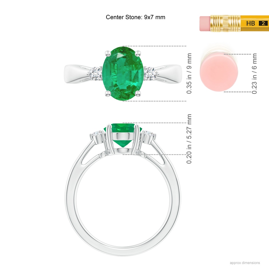 9x7mm AA Tapered Shank Emerald Solitaire Ring with Diamond Accents in P950 Platinum ruler