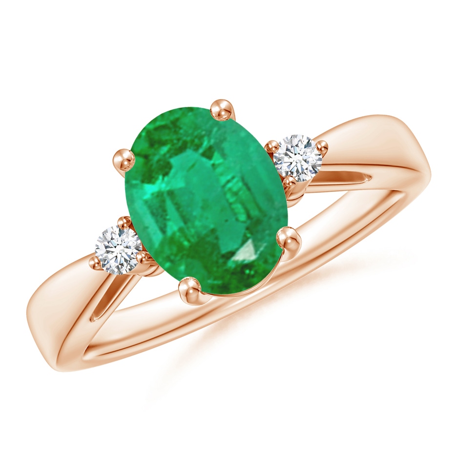 9x7mm AA Tapered Shank Emerald Solitaire Ring with Diamond Accents in Rose Gold 