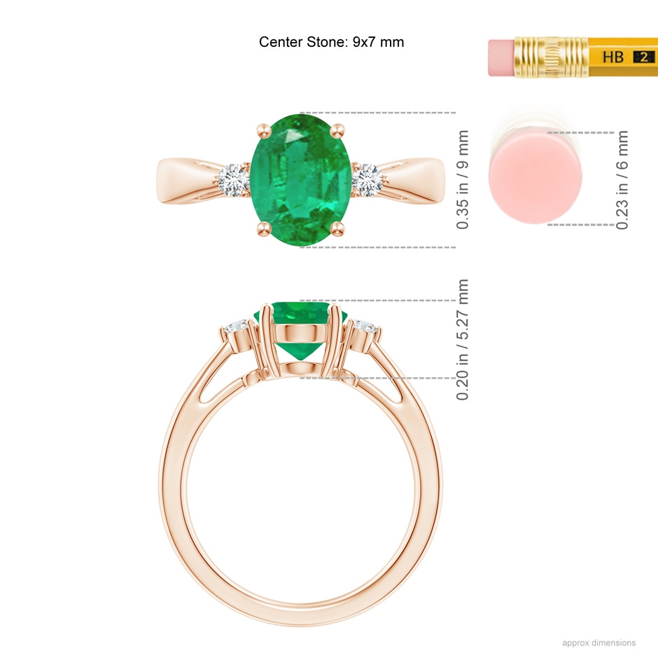9x7mm AA Tapered Shank Emerald Solitaire Ring with Diamond Accents in Rose Gold ruler