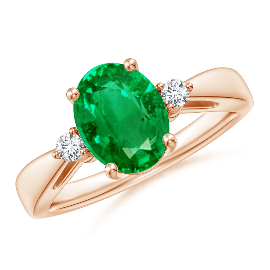9x7mm AAA Tapered Shank Emerald Solitaire Ring with Diamond Accents in Rose Gold 
