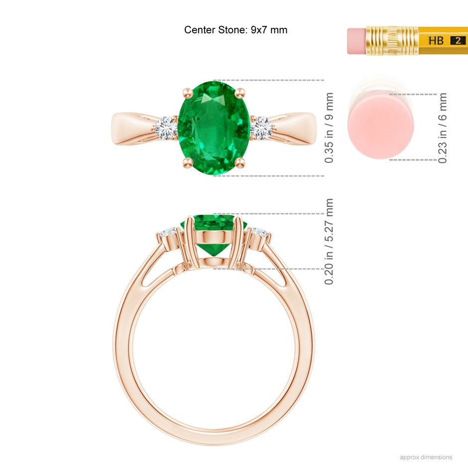 9x7mm AAA Tapered Shank Emerald Solitaire Ring with Diamond Accents in Rose Gold ruler