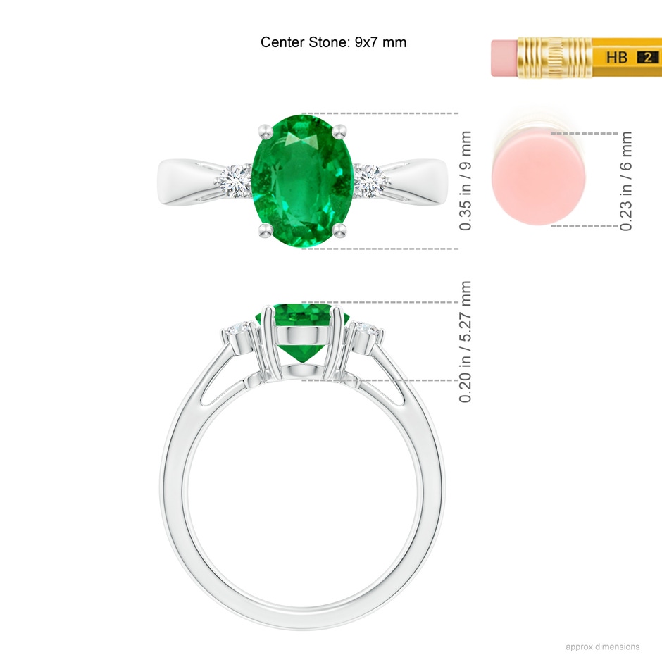9x7mm AAA Tapered Shank Emerald Solitaire Ring with Diamond Accents in White Gold ruler