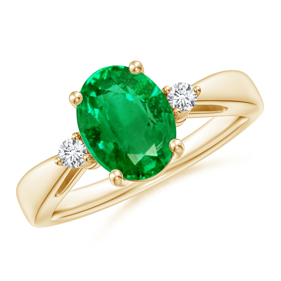 9x7mm AAA Tapered Shank Emerald Solitaire Ring with Diamond Accents in Yellow Gold 