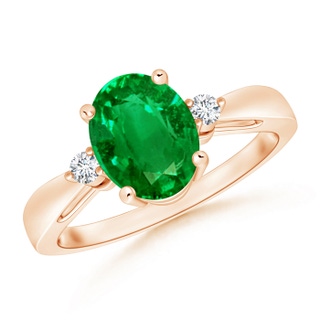 9x7mm AAAA Tapered Shank Emerald Solitaire Ring with Diamond Accents in 9K Rose Gold