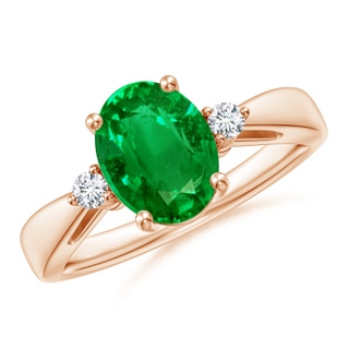 9x7mm AAAA Tapered Shank Emerald Solitaire Ring with Diamond Accents in Rose Gold