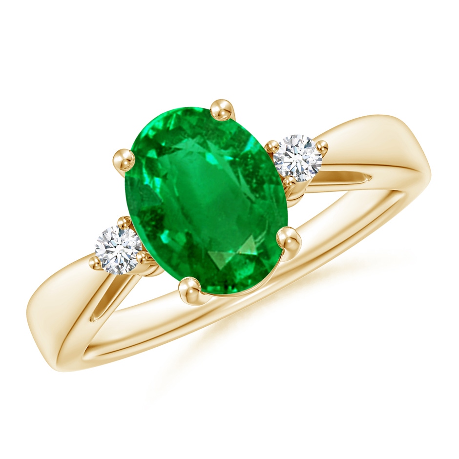 9x7mm Lab-Grown Tapered Shank Emerald Solitaire Ring with Diamond Accents in Yellow Gold 