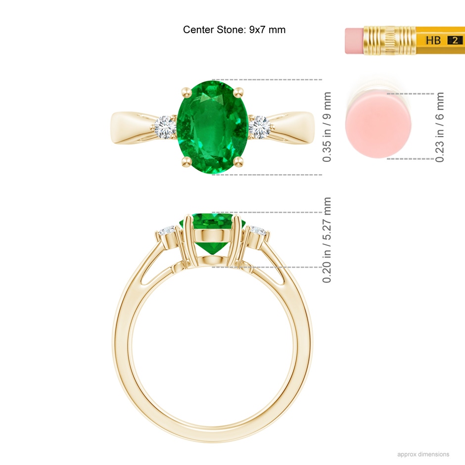 9x7mm Lab-Grown Tapered Shank Emerald Solitaire Ring with Diamond Accents in Yellow Gold ruler