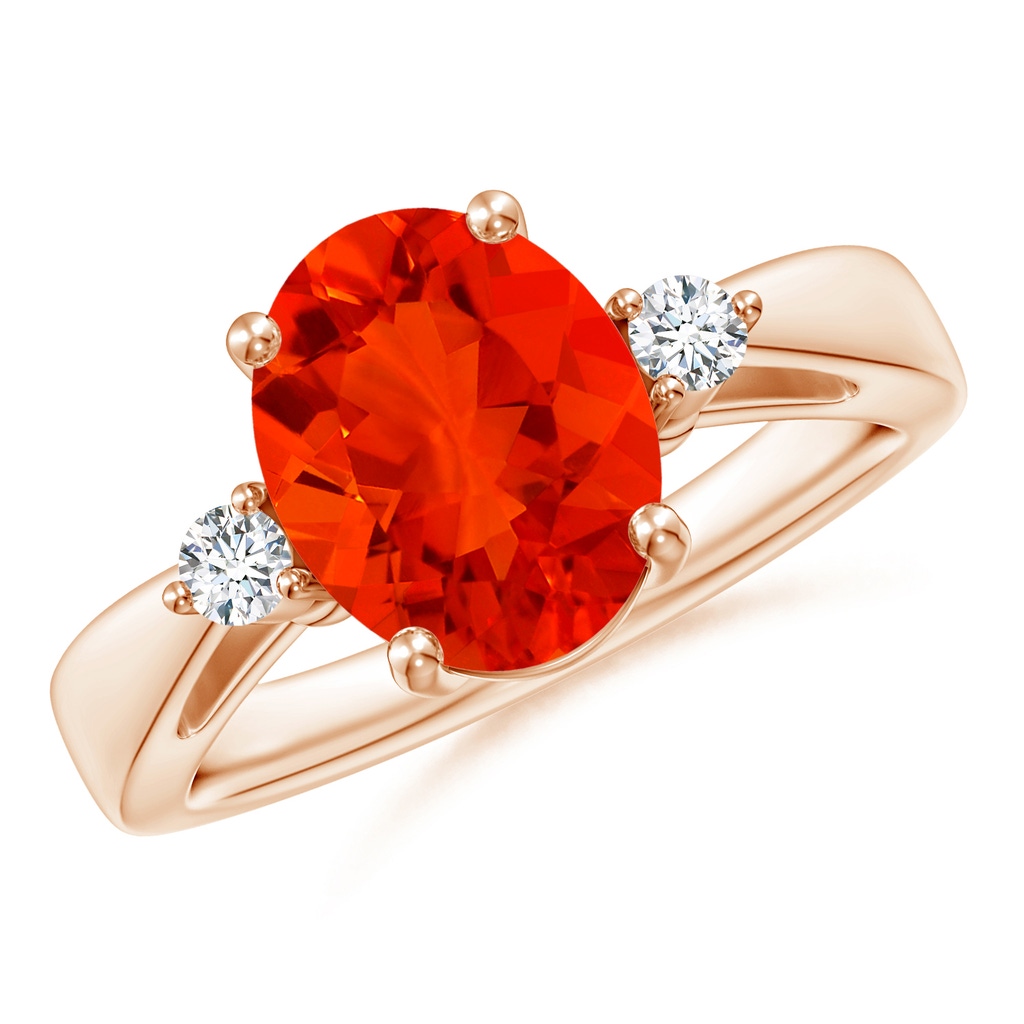 10x8mm AAAA Tapered Shank Fire Opal Solitaire Ring with Diamond Accents in Rose Gold