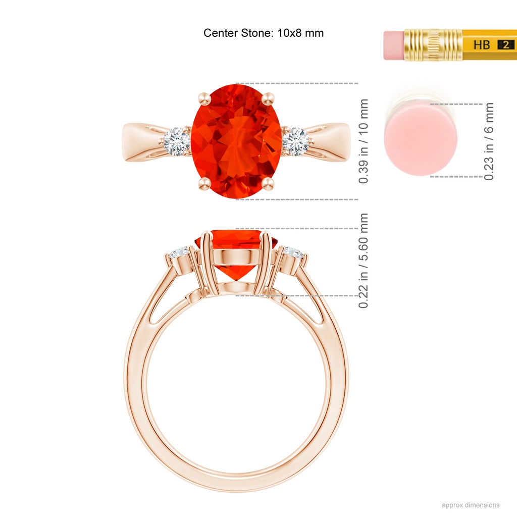 10x8mm AAAA Tapered Shank Fire Opal Solitaire Ring with Diamond Accents in Rose Gold Ruler