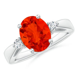 10x8mm AAAA Tapered Shank Fire Opal Solitaire Ring with Diamond Accents in White Gold