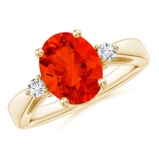 10x8mm AAAA Tapered Shank Fire Opal Solitaire Ring with Diamond Accents in Yellow Gold