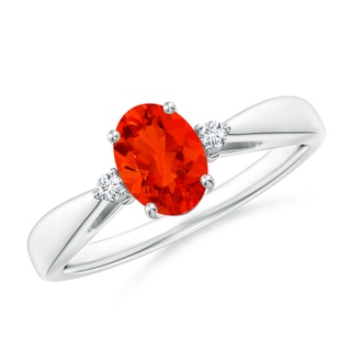 7x5mm AAAA Tapered Shank Fire Opal Solitaire Ring with Diamond Accents in P950 Platinum