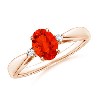 7x5mm AAAA Tapered Shank Fire Opal Solitaire Ring with Diamond Accents in Rose Gold