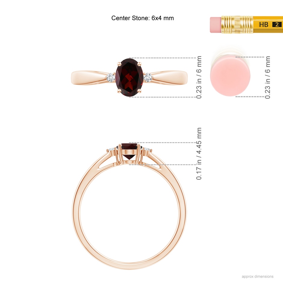 6x4mm A Tapered Shank Garnet Solitaire Ring with Diamond Accents in Rose Gold ruler