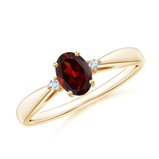 6x4mm AAA Tapered Shank Garnet Solitaire Ring with Diamond Accents in Yellow Gold