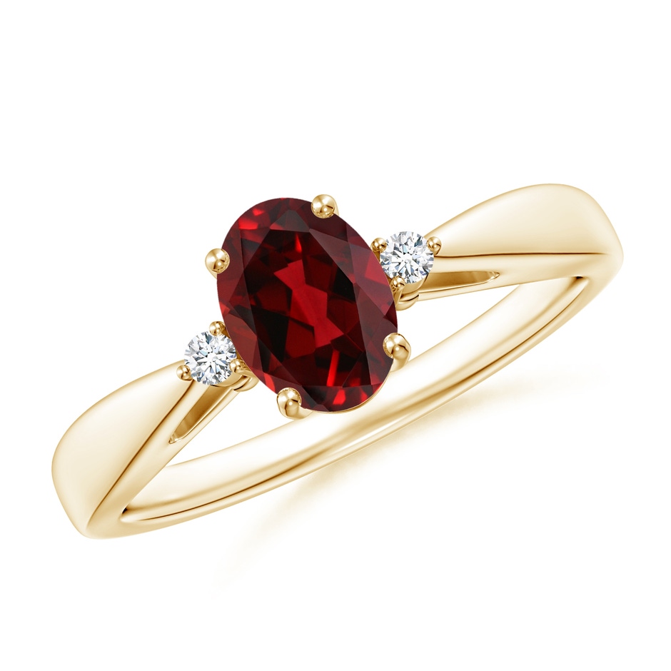 7x5mm AAAA Tapered Shank Garnet Solitaire Ring with Diamond Accents in Yellow Gold 
