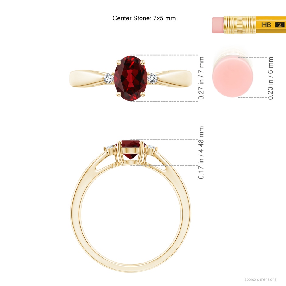 7x5mm AAAA Tapered Shank Garnet Solitaire Ring with Diamond Accents in Yellow Gold ruler