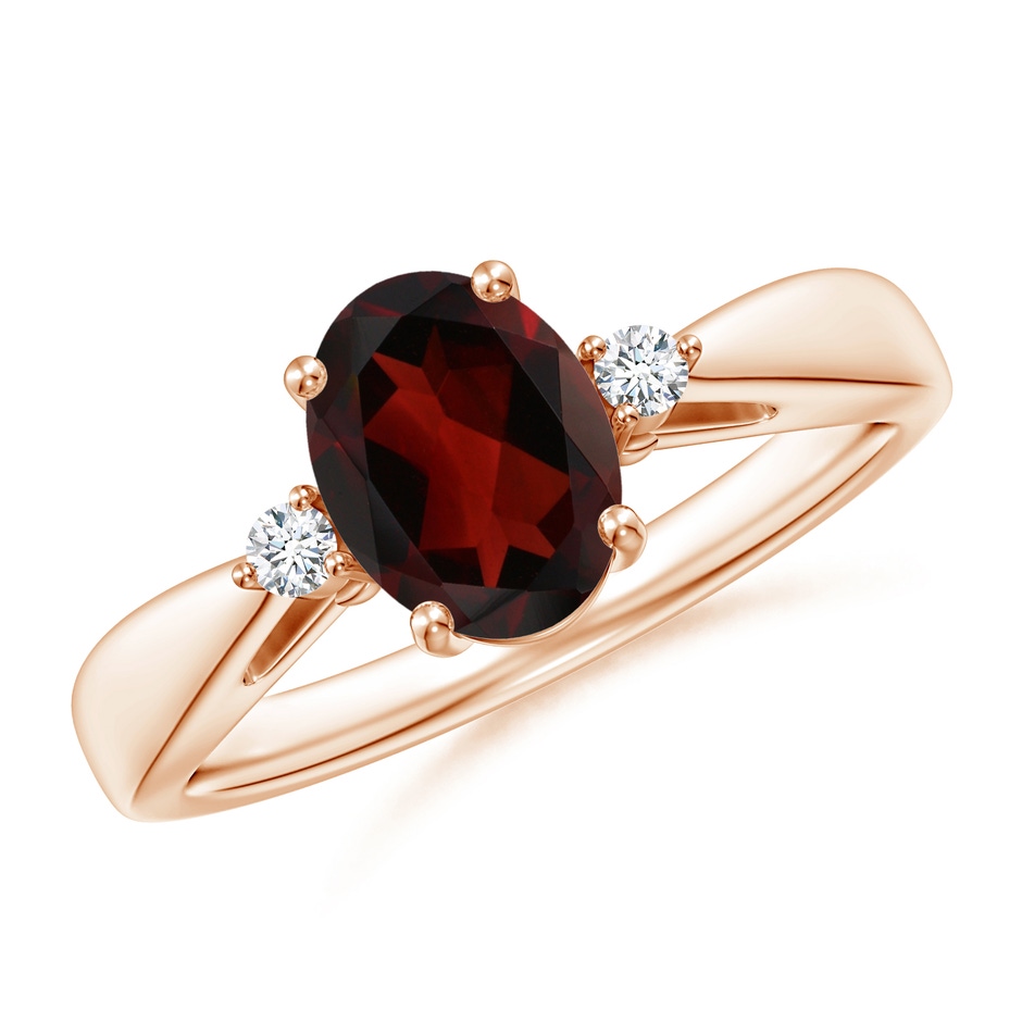 8x6mm AA Tapered Shank Garnet Solitaire Ring with Diamond Accents in Rose Gold 