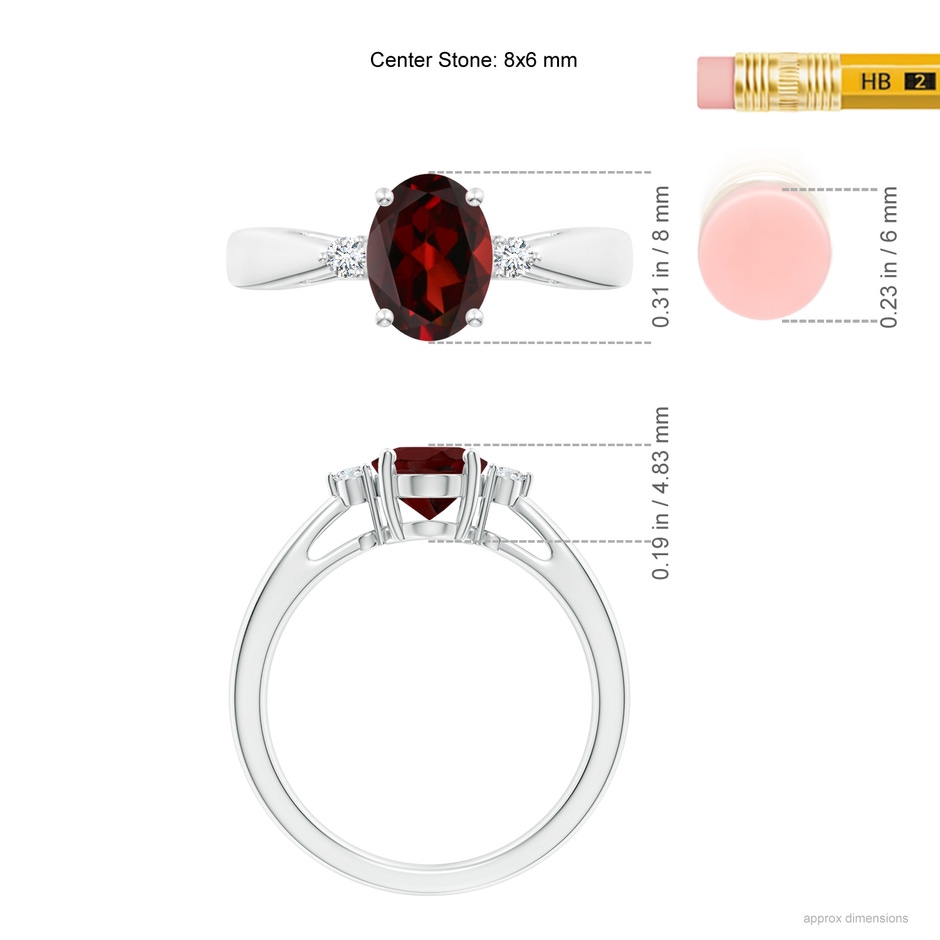 8x6mm AAA Tapered Shank Garnet Solitaire Ring with Diamond Accents in White Gold ruler