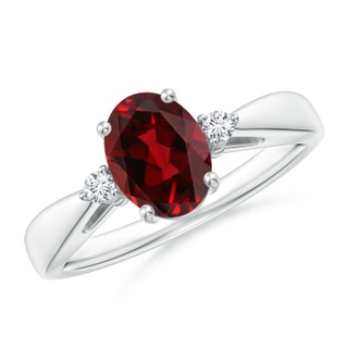 8x6mm AAAA Tapered Shank Garnet Solitaire Ring with Diamond Accents in P950 Platinum