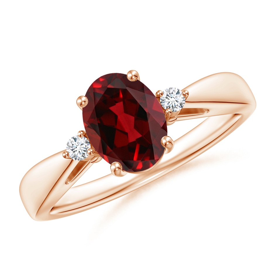8x6mm AAAA Tapered Shank Garnet Solitaire Ring with Diamond Accents in Rose Gold 