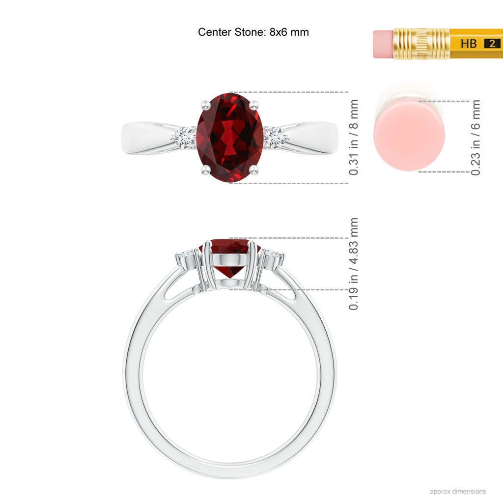 8x6mm AAAA Tapered Shank Garnet Solitaire Ring with Diamond Accents in White Gold Ruler