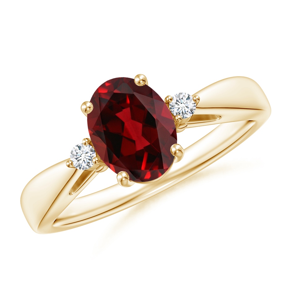 8x6mm AAAA Tapered Shank Garnet Solitaire Ring with Diamond Accents in Yellow Gold 