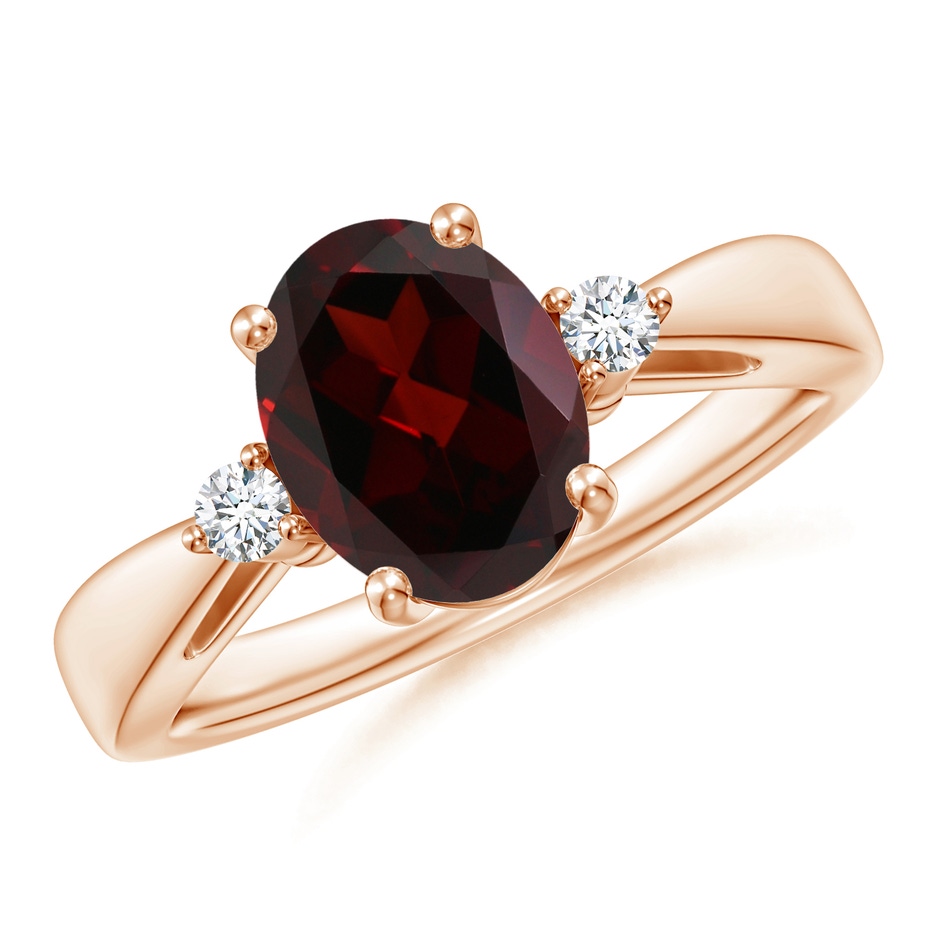 9x7mm A Tapered Shank Garnet Solitaire Ring with Diamond Accents in Rose Gold 
