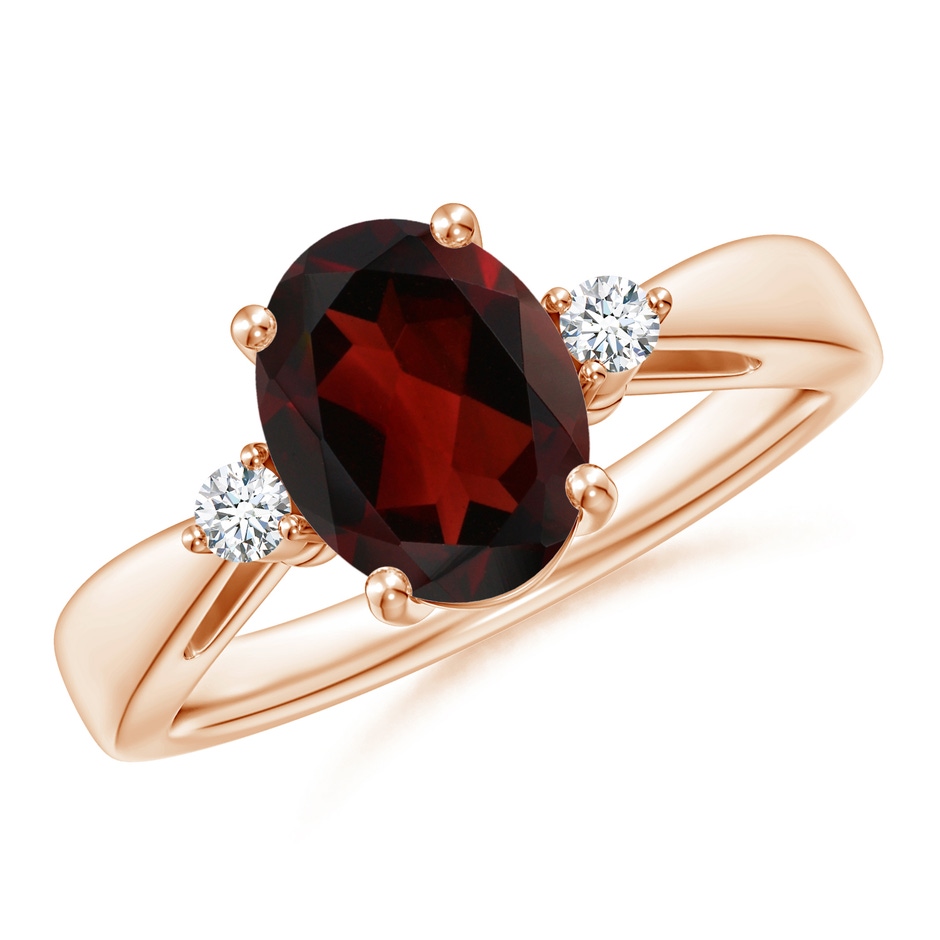 9x7mm AA Tapered Shank Garnet Solitaire Ring with Diamond Accents in Rose Gold 