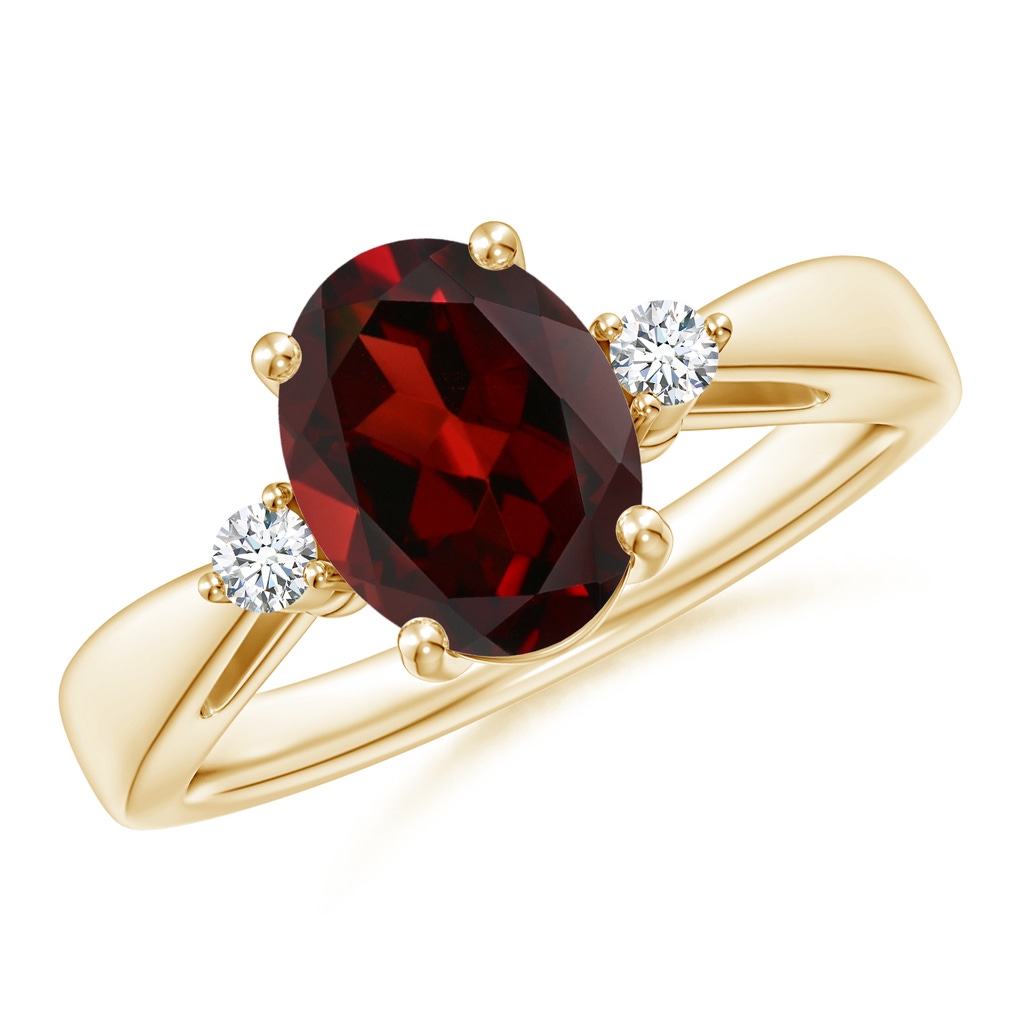 9x7mm AAA Tapered Shank Garnet Solitaire Ring with Diamond Accents in Yellow Gold